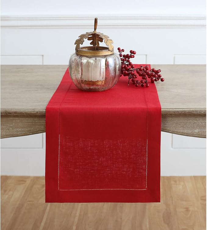 Solino Home 100% Pure Linen Table Runner Red, Classic Hemstitch 14 x 144 in | by SolinoHome