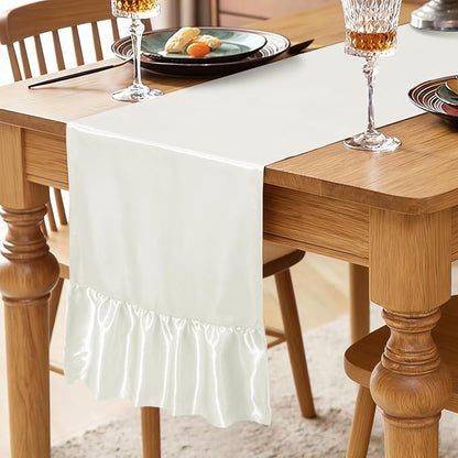 2 Pack White Satin Table Runner 12 x 108 Inch | Ruffle Design, Luxurious Dining - Image 2