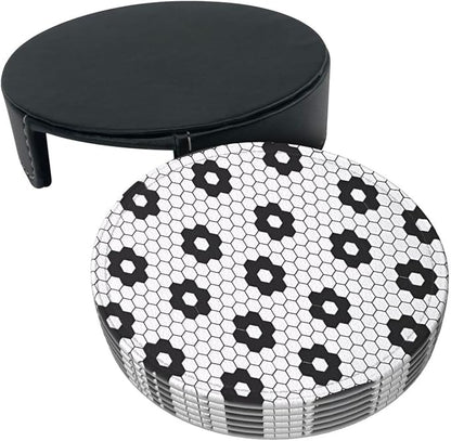 6 Pcs Black White Flower Hex Tile Print Floor Leather Coasters - Image 3