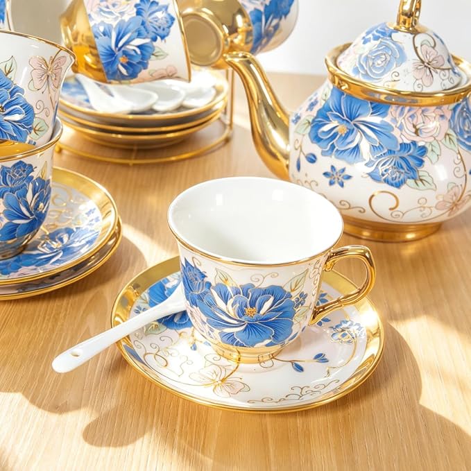 CHANJOON Gold Plated Red Rose Ceramic Tea Set, Vintage Tea Sets - Image 4