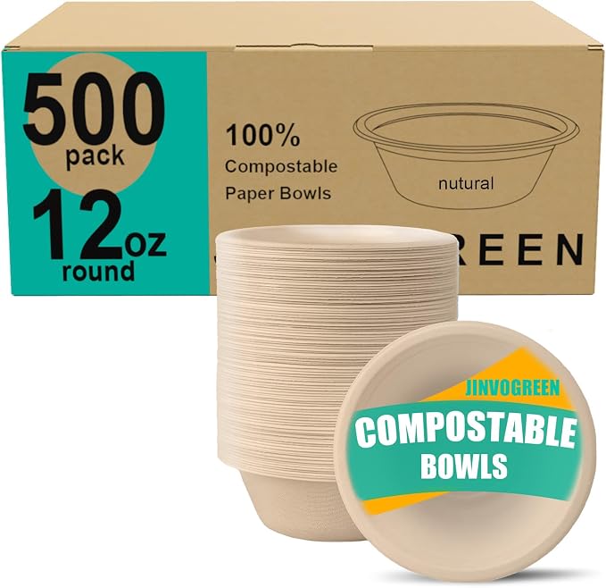 JINVOGREEN 500 Count 12 oz Paper Bowls, Disposable Compostable Bowls Bulk by JINVOGREEN