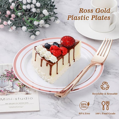 BESTVIP 100PCS Rose Gold Plastic Plate, Disposable Party Plates with 50 Dinner and 50 Dessert Plates, Plastic Plate for Party, Wedding and Birthday