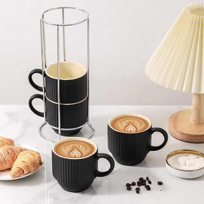 Hasense Black Coffee Mug Porcelain Set of 4 - 12 oz Stackable Coffee Cups - Image 5