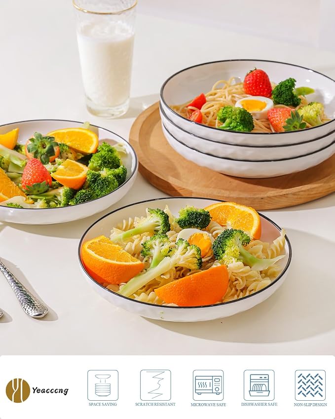 Yeacccng White Pasta Bowls Set of 6, 24oz Ceramic Salad Bowls, 8 inch Shallow - Image 3