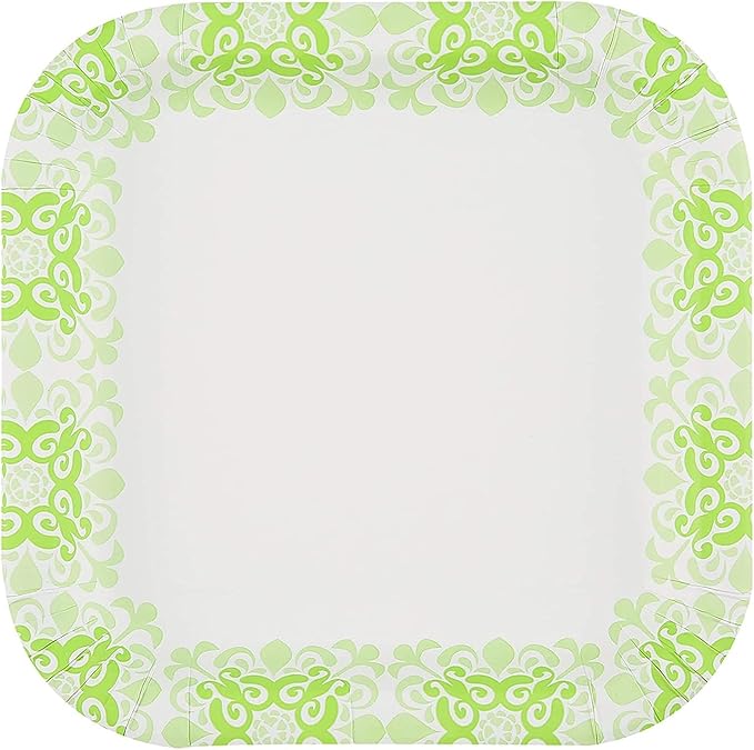 Glad Square Disposable Paper Plates, Green Victorian Pattern - Strong, Sturdy, Soak Proof, and Microwavable Decorative Plates for Dinner and Everyday Use, 10 Inch, 50 Count - 12 Pack