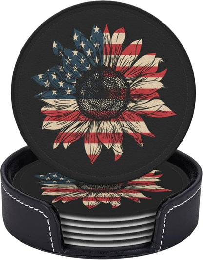 6 Pcs America Sunflower Flag 4th July Patriotic Leather Coasters - Image 2