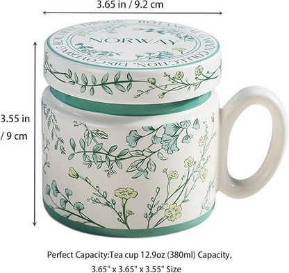12.9oz Ceramic Coffee Mug with Lid, Flower Patterned Porcelain Mug, Ceramic Tea - Image 2