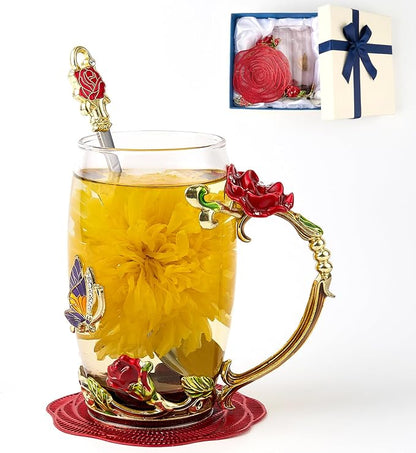 Flower Tea Cup, Butterfly Rose Clear Glass Fancy Coffee Mug by Unknown