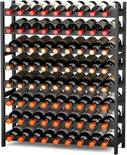 Wine Rack Freestanding Floor, Bamboo 8-Tier 69 Wine Bottle Holder Racks Countertop Cabinet Display, Wooden Stackable Modular Wine Storage Organizer Shelves for Kitchen Bar Cellar Dining Room Black