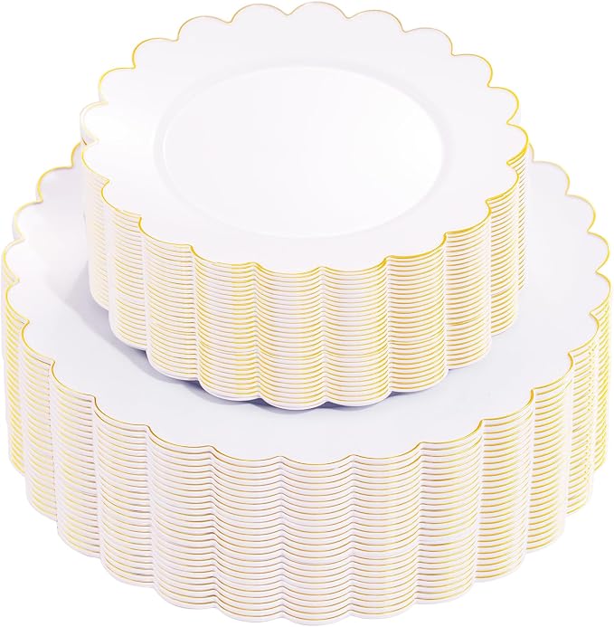 100Pcs White Gold Scalloped Plastic Dinner Plates Set by supernal