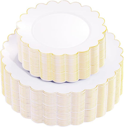 100Pcs White Gold Scalloped Plastic Dinner Plates Set by supernal