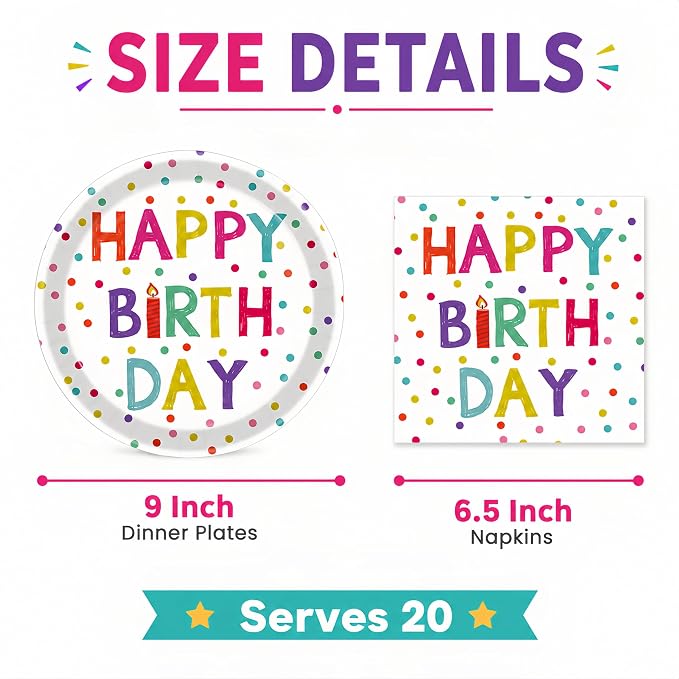40 Pcs Happy Birthday Plates And Napkins, Party Supplies, Serves 20 | - Image 2