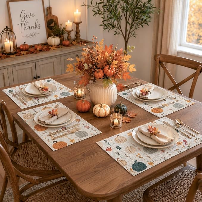 Fall Placemats Set of 4, Pumpkin Maple Leaf Autumn Table Mats 12x18 Inch | - Image 4