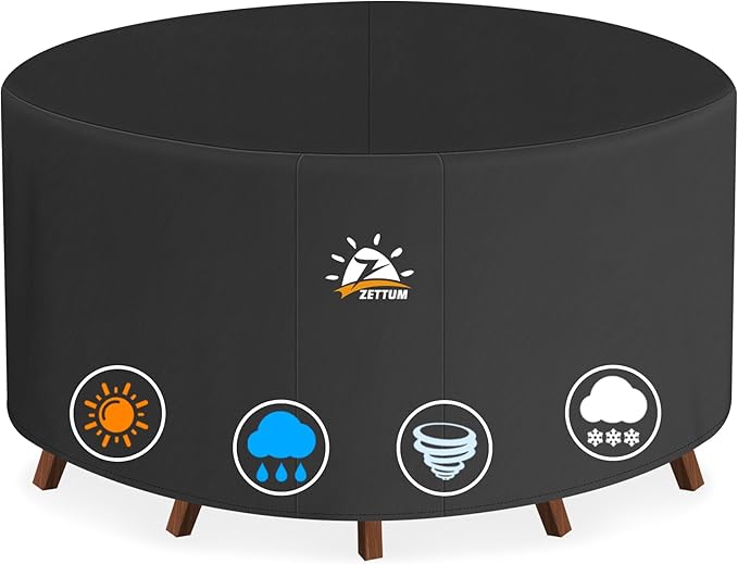 Zettum Round Patio Table Cover 72 Inch - 600D Outdoor Furniture Cover Round Waterproof & Heavy Duty, Lawn Furniture Set Covers for Outside Dining Table and Chairs Seating Combo - 72 x 72 x 28 Inch