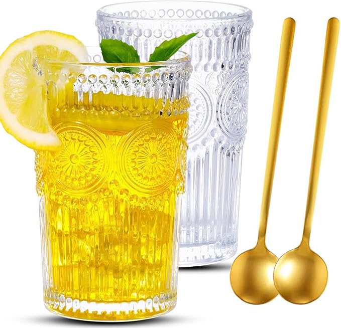 Ribbed Glass Cups 12oz Drinking Glasses Set of 2 Ribbed Glassware, Cocktail by HMWEB
