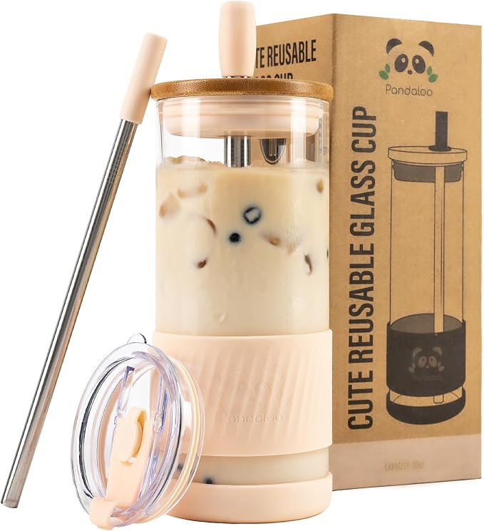 Pandaloo® Glass Cups With Lids and Straws -20 Fl Oz- Perfect Size Iced Coffee by Pandaloo