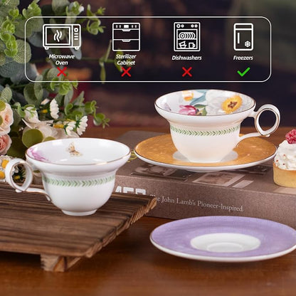 KAMMAK Tea Cups Set of 2, Ceramic Floral Pattern Demitasse Cup | Porcelain - Image 3