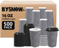 500 Pack 16 oz Coffee Cups with Lids, Disposable Insulated Hot Cups To Go Paper Coffee Cups, Corrugated Ripple Wall Cup for Hot Drink, Office, Coffee Bar (Grey 16 oz)