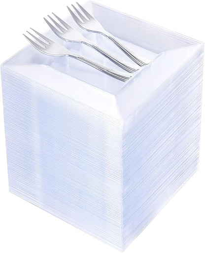 supernal 200pcs Clear Dessert Plates with Silver Dessert Fork, Clear Square Plates, Appetizer Plates,Silver Plastic Silverware, Perfect Choice for Wedding and Party