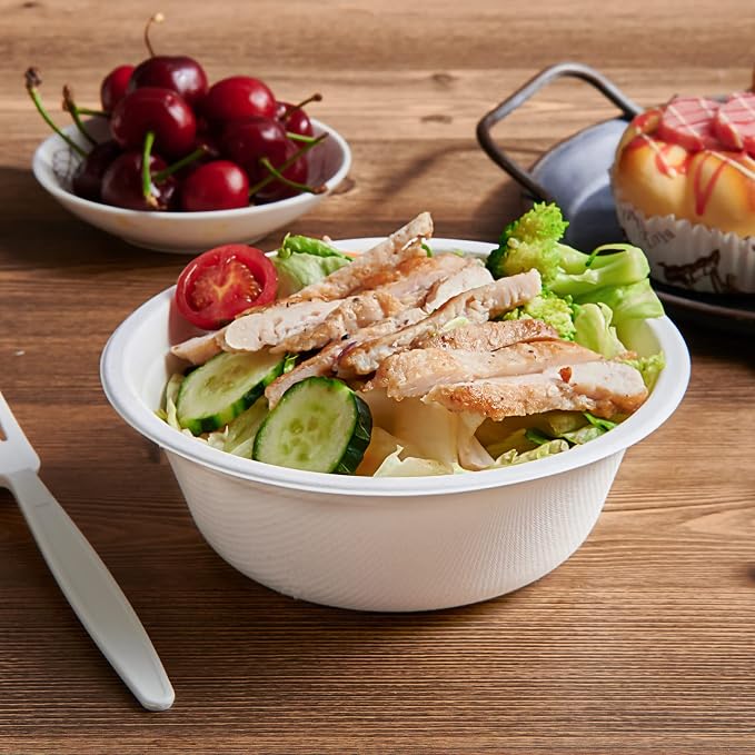 Vplus 180 Pack 16 OZ Compostable Paper Bowls, Bagasse Bowls，White | Disposable - Image 8