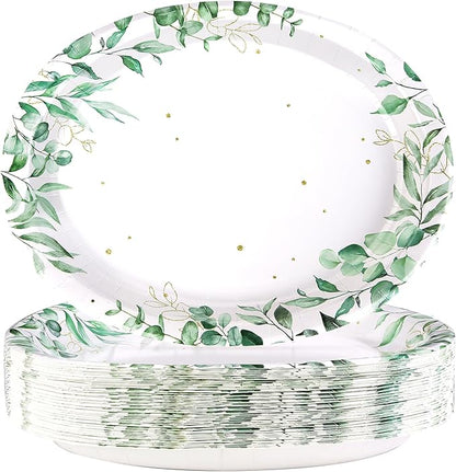 50Pcs Sage Green Oval Paper Plates 10" x 12" Large Disposable Heavy Duty Watercolor Eucalyptus Paper Platters Sage Floral Green Leaves Dessert Plates for Baby Shower Picnic Wedding Dinner Supplies