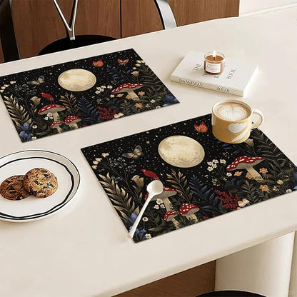 Mushroom Botanical Placemats Set of 6, Mushroom Plants Leaves Butterfly Place Mats, Moon Waterproof Washable Table Mats for Home Party Indoor Kitchen Dining Table Decoration 12x18 Inch