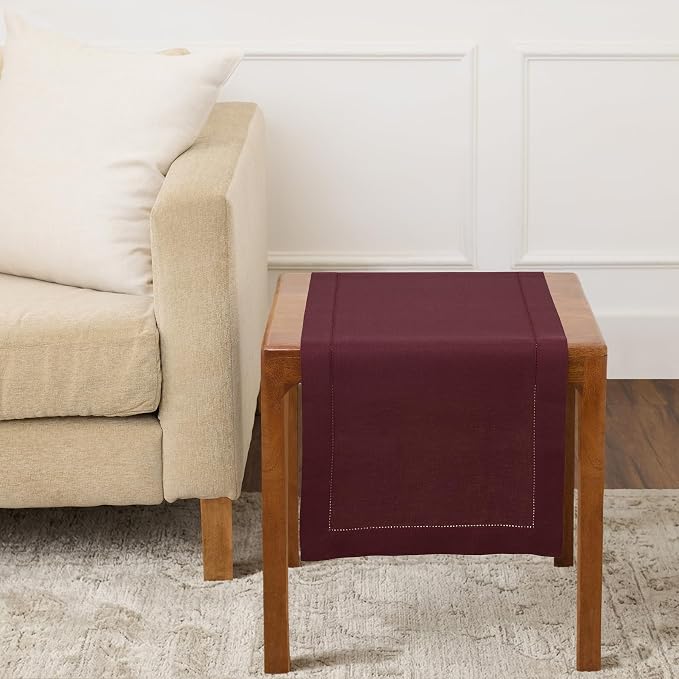 Solino Home 100% Pure Linen Table Runner Burgundy Hemstitch, 14 x 36 in | by SolinoHome