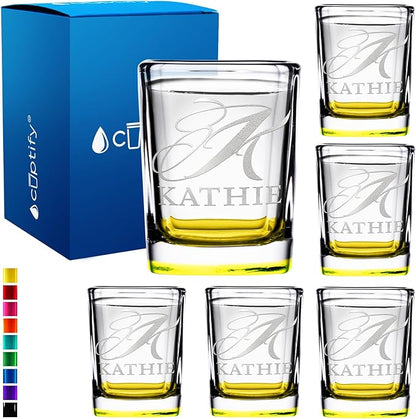 Personalized Shot Glasses Set of 6 Initial and Name 2oz Yellow Bottom Etched Square Shot Glass Engraved with Custom Text Birthday Gift for Men and Women