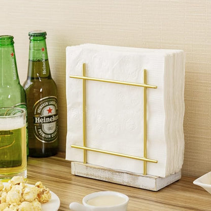 MyGift Shabby Whitewashed Wood Base Napkin Holders, Brass-Tone Metal Dispenser - Image 2