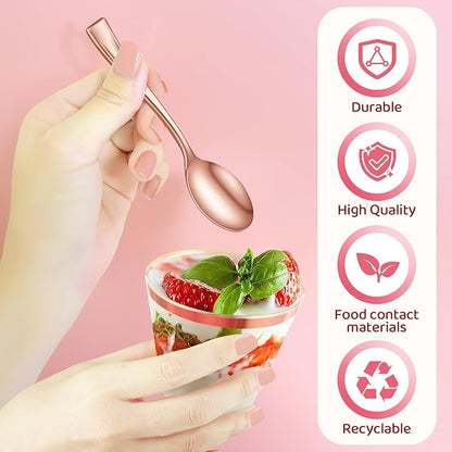 Jinei 50 Sets 9 oz Rose Gold Plastic Dessert Cups with Dome Lids Spoons Rimmed Clear Disposable Plastic Fruit Cups with Lids for Yogurt Parfait Pudding Cupcake Ice Cream Party Wedding Reception