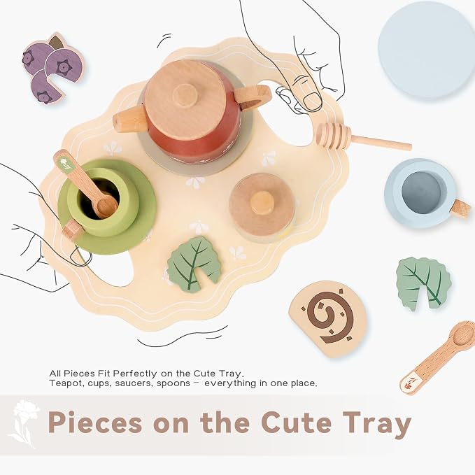 Wooden Tea Set for Little Girls, Play Food Sets for Kids Pretend Play Kitchen - Image 3