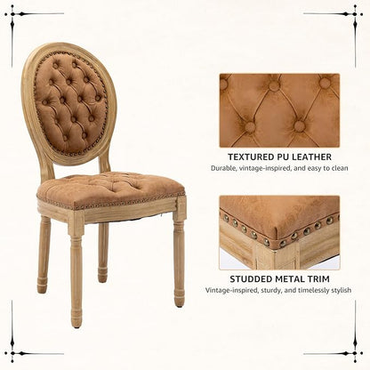 Vintage French Dining Chairs Set of 8, Round Back PU Leather Upholstered Accent Chairs with Nailhead Trim and Solid Wood Frame, Farmhouse Sillas de Comedor for Dining Room & Kitchen, Whiskey Brown