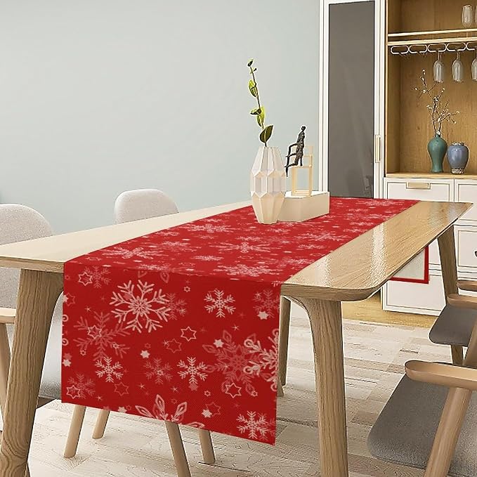 Red Snowflakes Christmas Table Runner, Seasonal Winter Holiday Kitchen Dining - Image 2