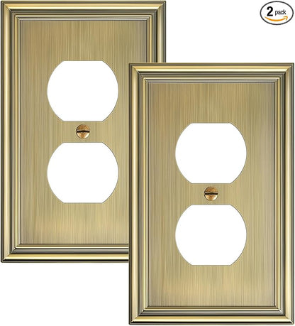 2-Pack Single Duplex Outlet Cover Plate, Decorative Antique Brass Switch Plates and Outlet Covers, Metal Wall Plates for Electrical Outlets, 1 Gang Receptacle Cover, Corrosion Resistant