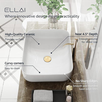 ELLAI Bathroom Vessel Sink Rectangle Above Counter Porcelain Ceramic Top Mount Rectanglar Countertop Sink for Bathroom 19.7"x15.2"x5.4" Glossy White
