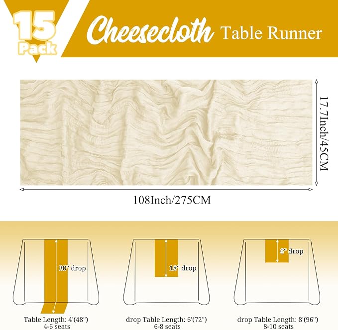 15 Pack Ivory Cheesecloth Table Runner Boho Gauze Wedding Decor | Rustic Sheer - Image 2