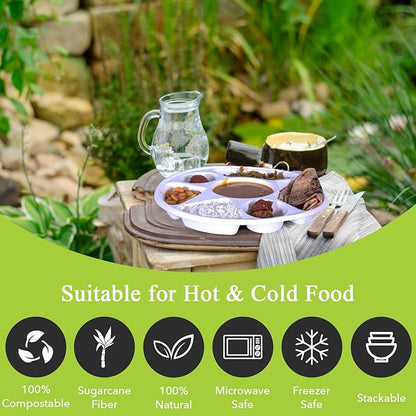 three leaf 7 COMPARTMENT BAGASSE ROUND PLATE, 100 Ct. Heavy-Duty- Super Strong- Natural- Eco-Friendly Disposable Bagasse Plates, 100% Biodegradable 7 compartment plates