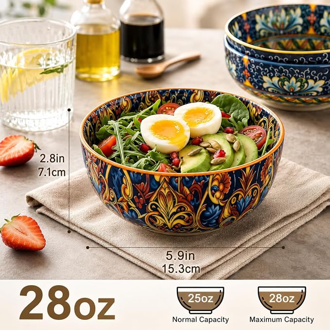 Cereal Bowls Set of 6, Bohemian Ceramic Soup Bowls, 28 oz Colorful Bowls Set - Image 3