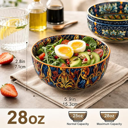Cereal Bowls Set of 6, Bohemian Ceramic Soup Bowls, 28 oz Colorful Bowls Set - Image 3