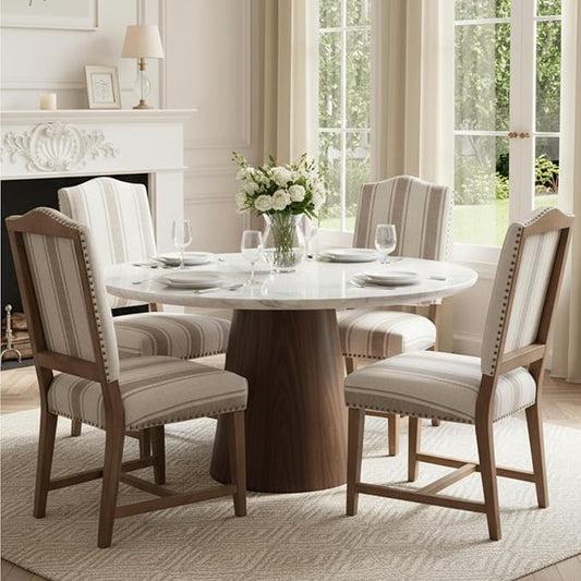 CIMOTA Mid Century Modern Dining Chairs Set of 4, Farmhouse Upholstered Dining Room Chairs Comfortable Kitchen Side Chairs with High Back/Natural Solid Wood Frame, Linen Brown/Beige Stripe