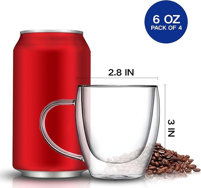 YMMIND Set of 4 Double Walled Glass Coffee Mugs 6 Ounces Insulated Layer Coffee - Image 4