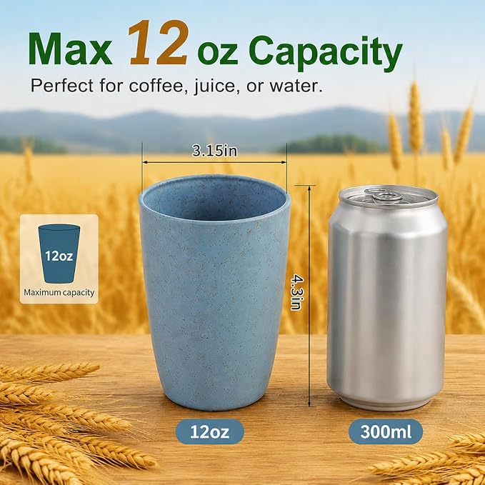 Wheat Straw Colored 6 Pack Kids Cups 12 OZ | Reusable Open Drinking Glasses BPA - Image 4