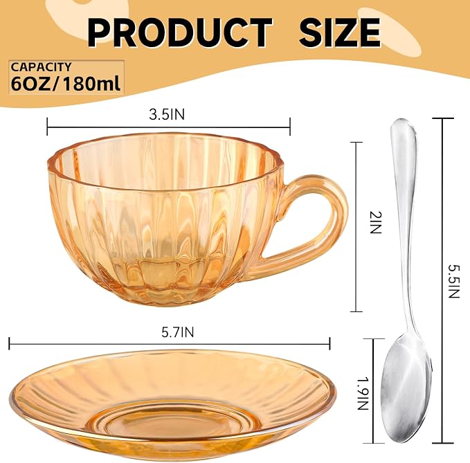 Glass Tea Cups and Saucers Set of 6, Glass Coffee Mugs - Image 5