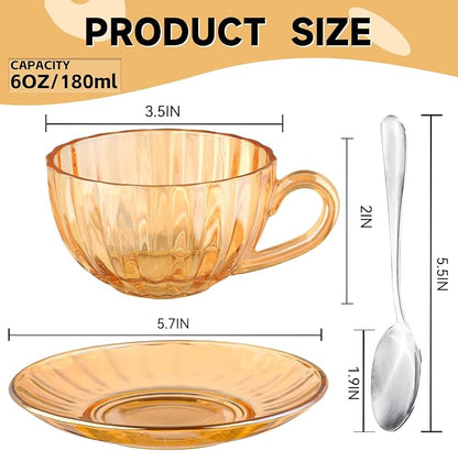 Glass Tea Cups and Saucers Set of 6, Glass Coffee Mugs - Image 5