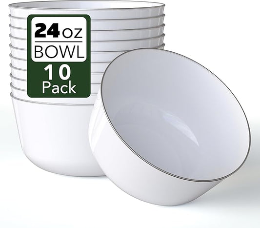 Trendables Disposable Bowls - Set of 10, 24 Oz Each, Silver Rimmed, Fancy Plastic Serving Bowls Perfect for Ice Cream, Salad, Candy