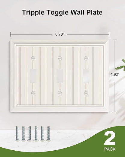 2-Pack Classic Beadboard Triple Toggle Light Switch Cover Plate, Durable Natural Bamboo Fiber Decorative Switch Plate Covers, Light Almond 3 Gang Wall Plate