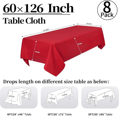 8 Pack Red Tablecloth 60 x 126 Inch Rectangular Valentine’s Day Table Cloth for 8 Foot Rectangle Tables, Wrinkle Resistant Washable Polyester Fabric Table Covers for Party Banquet Buffet and Camping