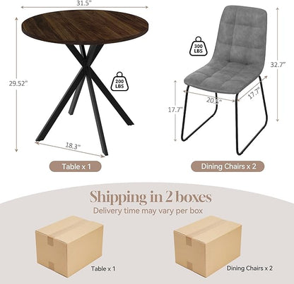 31.5" Round Dining Table Chairs Set for 2, Small Dining Table Chairs Set Space-Saving, Small Dinette Sets for 2 for Kitchen Dining Room Apartment(Walnut Table + Gray Chairs)