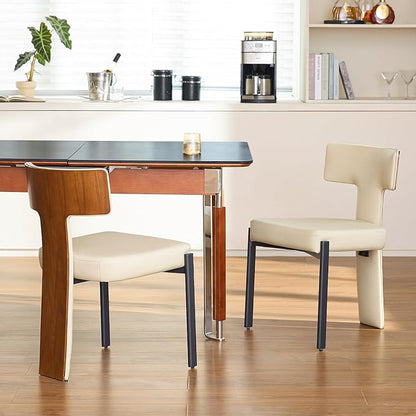 Beige Dining Chairs Set of 2,Faux Leather Dining Chairs with Soft Cushion,Comfortable Upholstered Armless Dining Room Chairs with Curved Plywood Back
