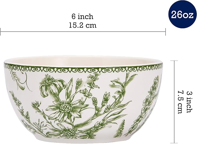 Bico Green Garden Toile De Jouy Cereal Bowls Set of 4, 26 oz Deep Ceramic Soup - Image 2